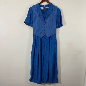 Vintage Karin Steven's Polka Dot Blue Maxi Dress Tie Back Vest Cottagecore Sz 10